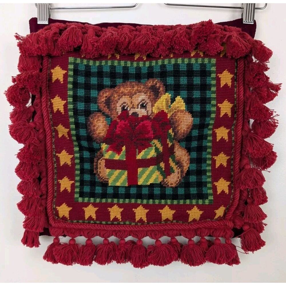 Needlepoint Christmas Pillow Teddy Bear Present Red Velvet Tassels 14"